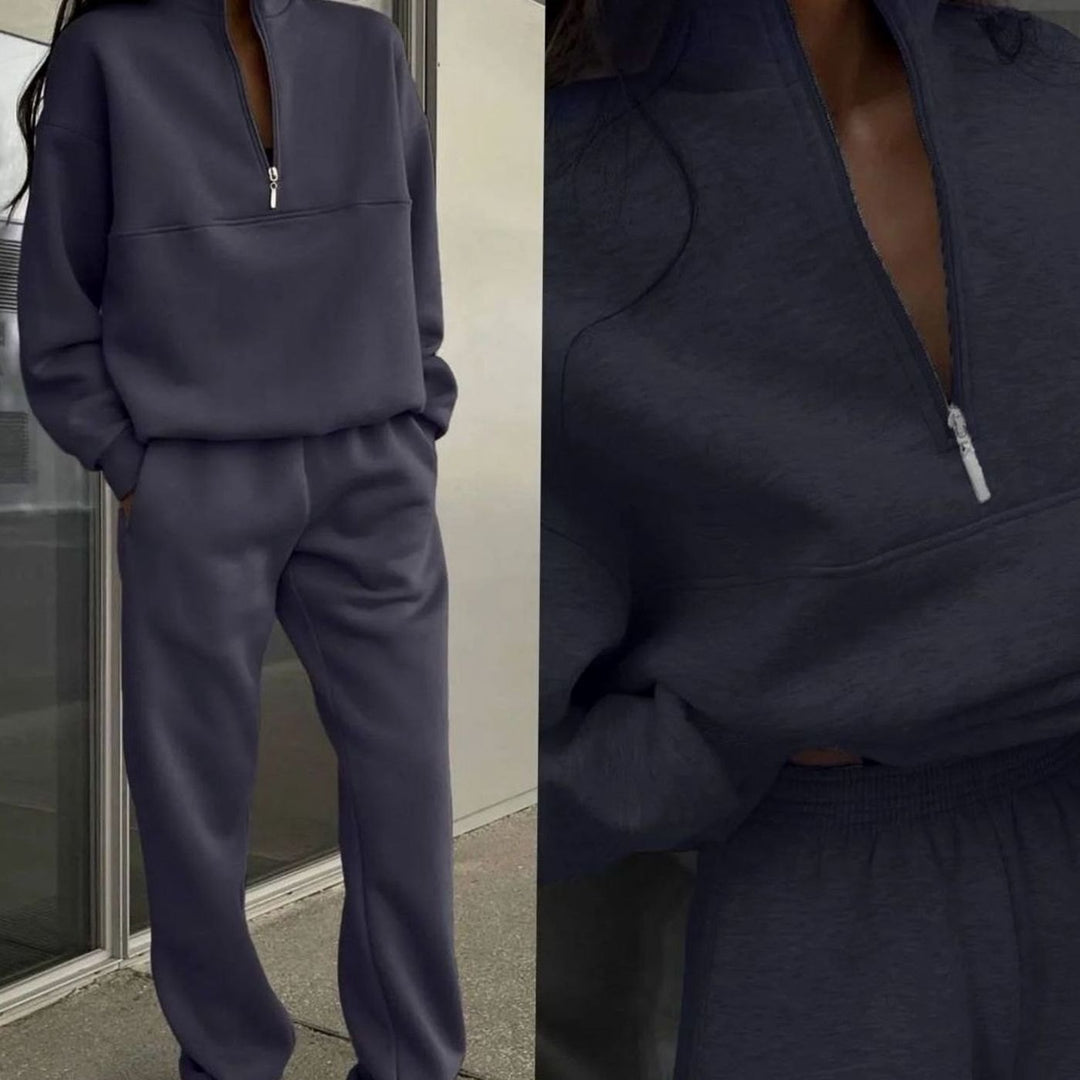Women's Oversized Quarter-Zip Fleece Sweatshirt Jogger Co-ord Set - Navy Blue