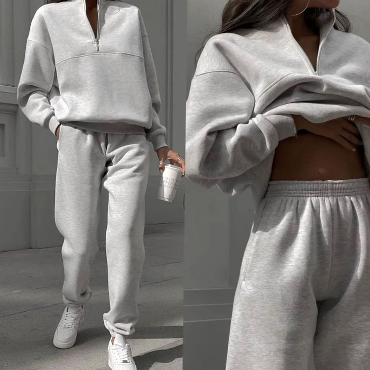 Women's Oversized Quarter-Zip Fleece Sweatshirt Jogger Co-ord Set - Grey