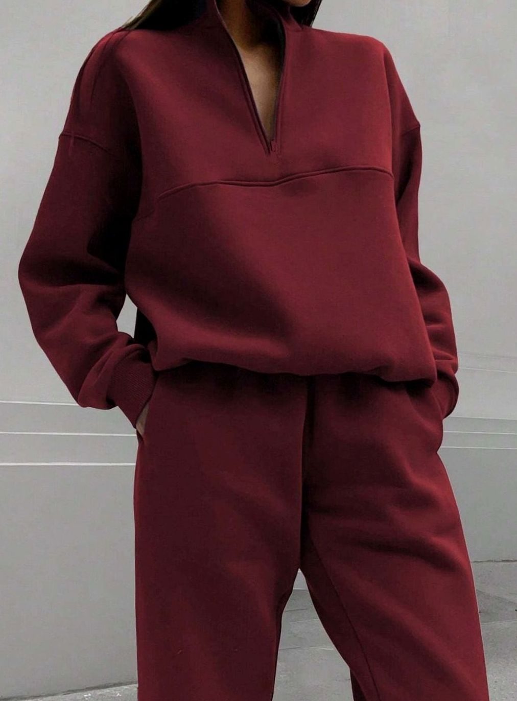 Women's Oversized Quarter-Zip Fleece Sweatshirt Jogger Co-ord Set - Wine Red