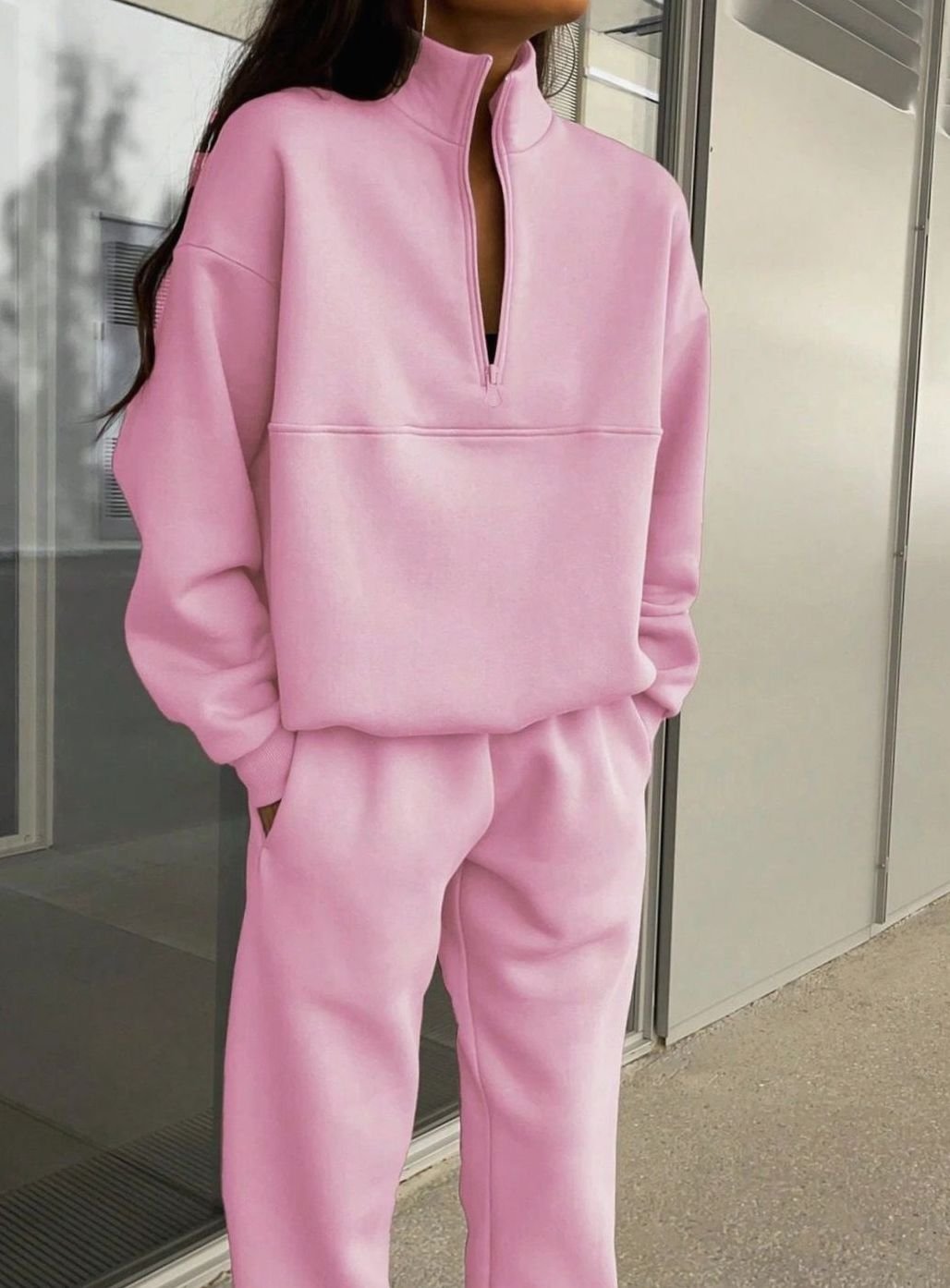 Women's Oversized Quarter-Zip Fleece Sweatshirt Jogger Co-ord Set - Pink