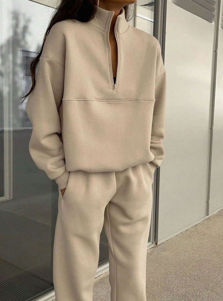 Women's Oversized Quarter-Zip Fleece Sweatshirt Jogger Co-ord Set - Khaki