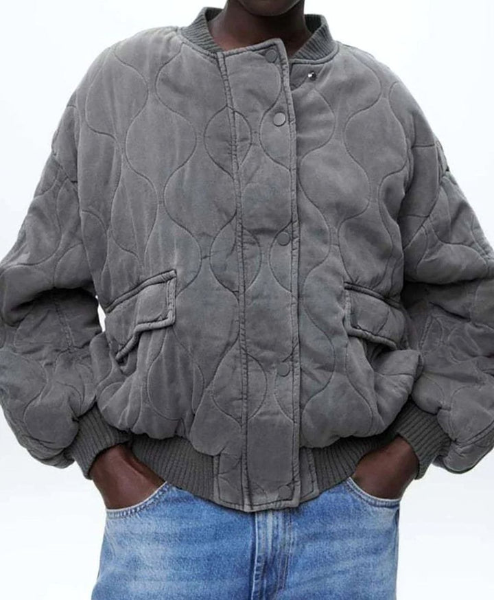Women's Oversized Quilted Bomber Jacket Ribbed Cuffs