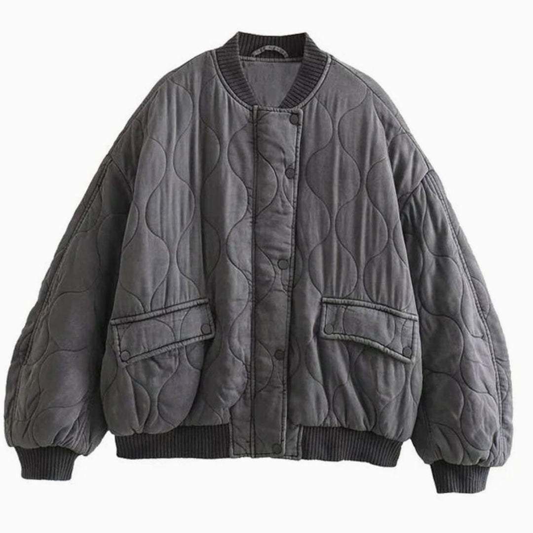 Women's Oversized Quilted Bomber Jacket Ribbed Cuffs - Grey
