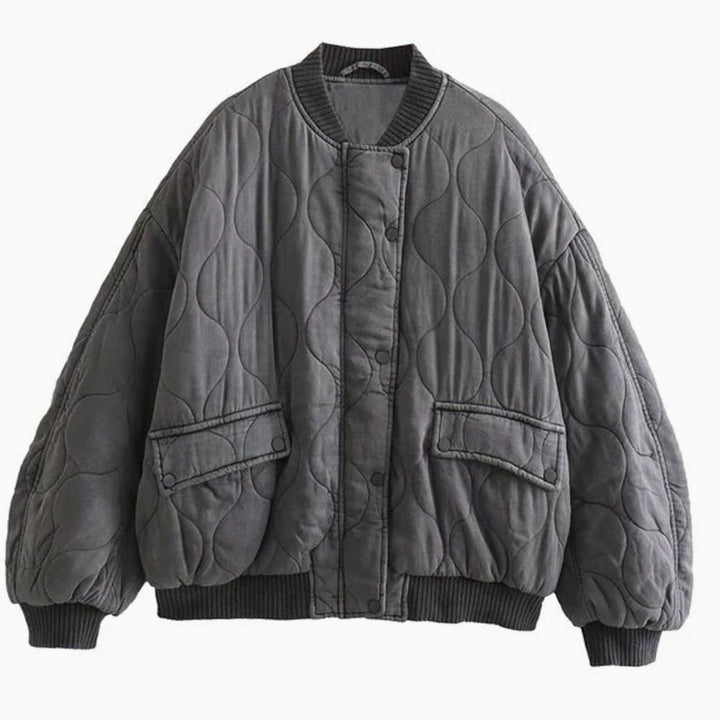 Women's Oversized Quilted Bomber Jacket Ribbed Cuffs - Grey