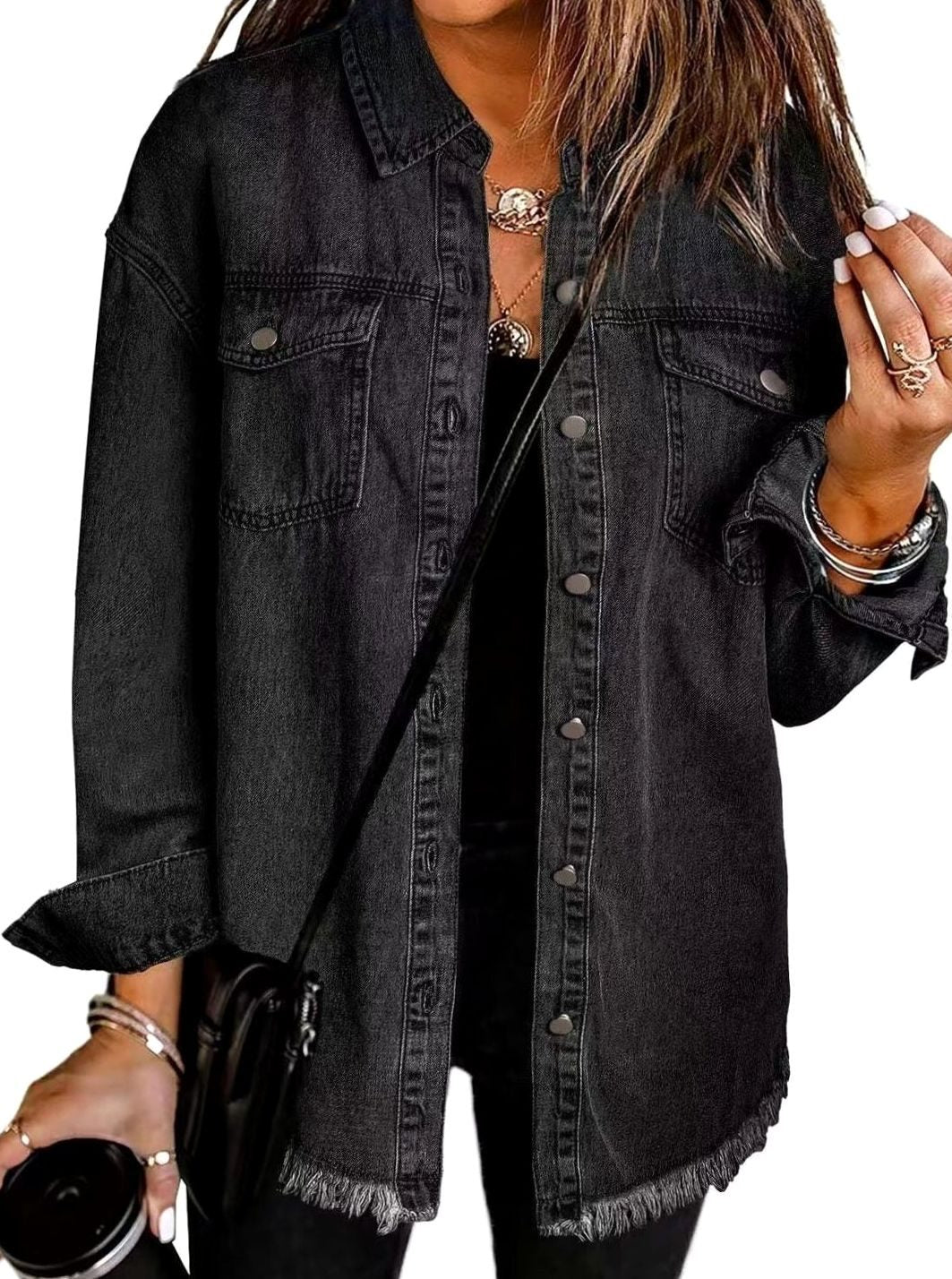 Women's Oversized Raw-Hem Button-Up Denim Jacket - Black
