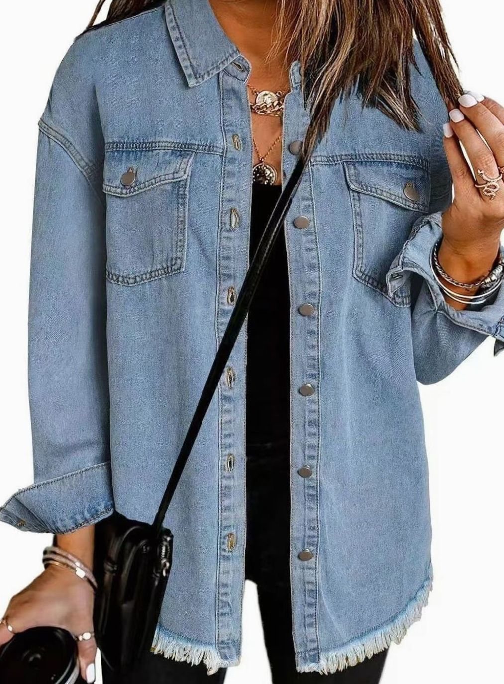 Women's Oversized Raw-Hem Button-Up Denim Jacket - Light Blue