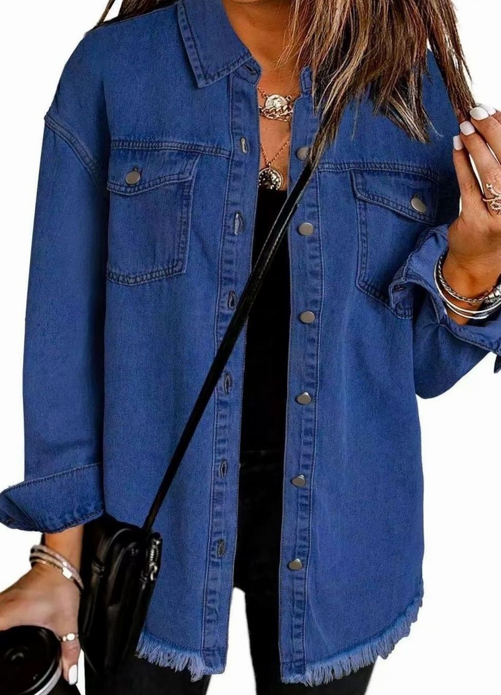 Women's Oversized Raw-Hem Button-Up Denim Jacket - Dark Blue