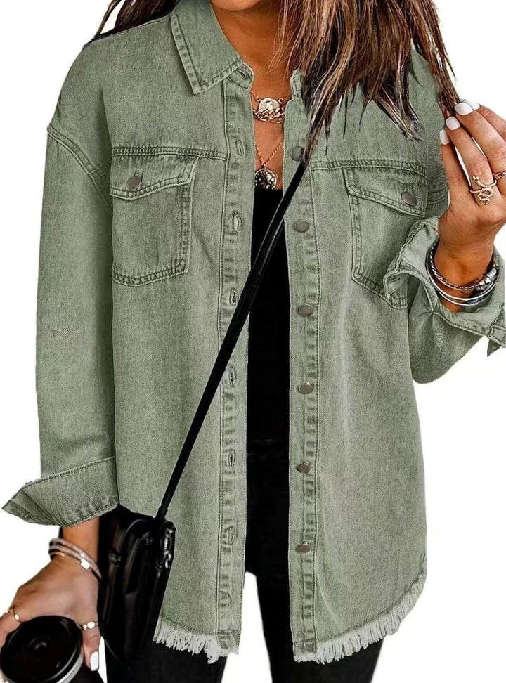 Women's Oversized Raw-Hem Button-Up Denim Jacket - Olive Green