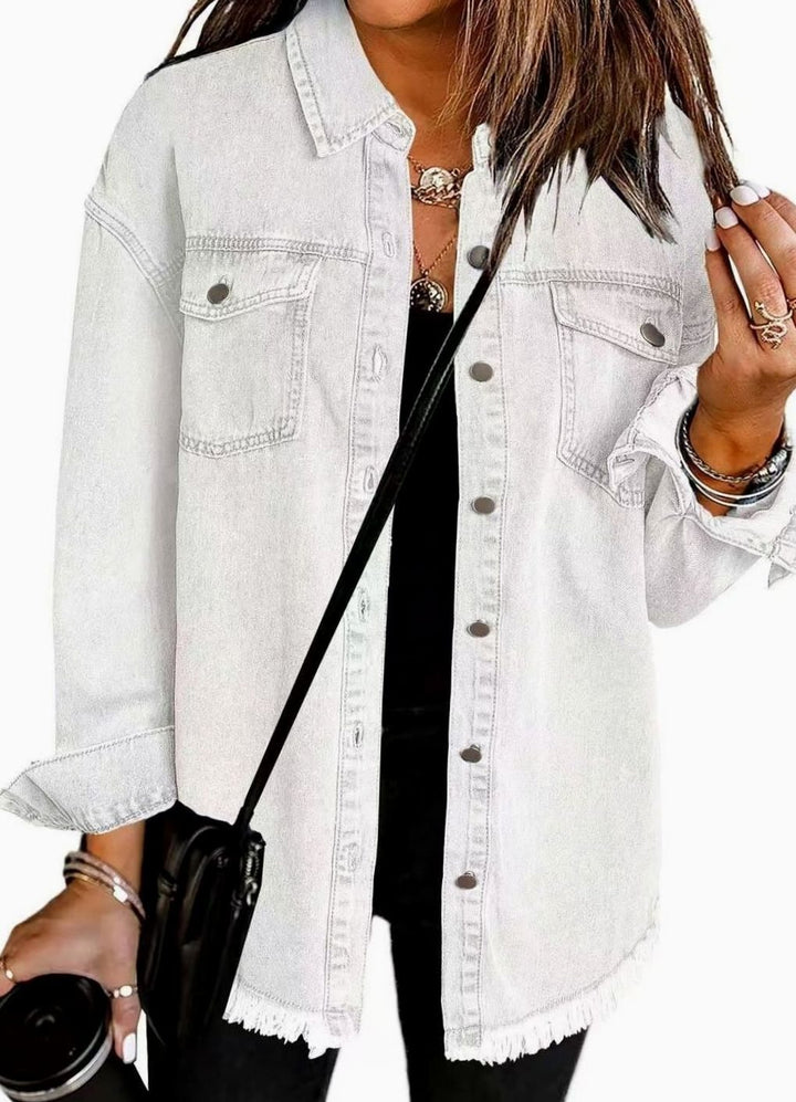 Women's Oversized Raw-Hem Button-Up Denim Jacket - White