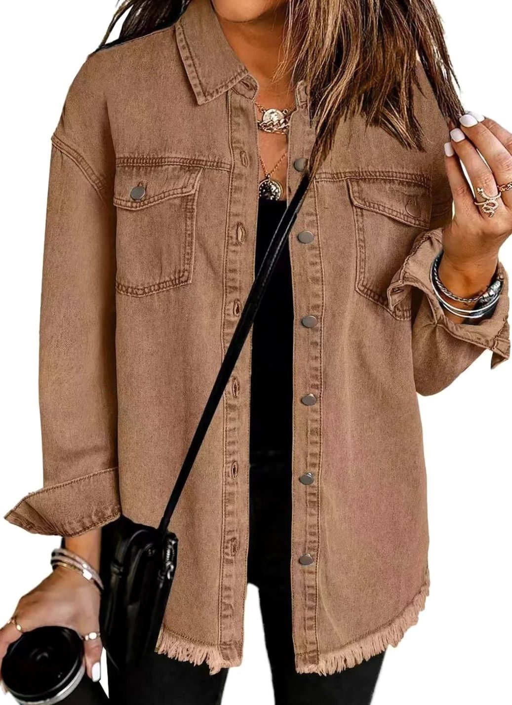 Women's Oversized Raw-Hem Button-Up Denim Jacket - Brown