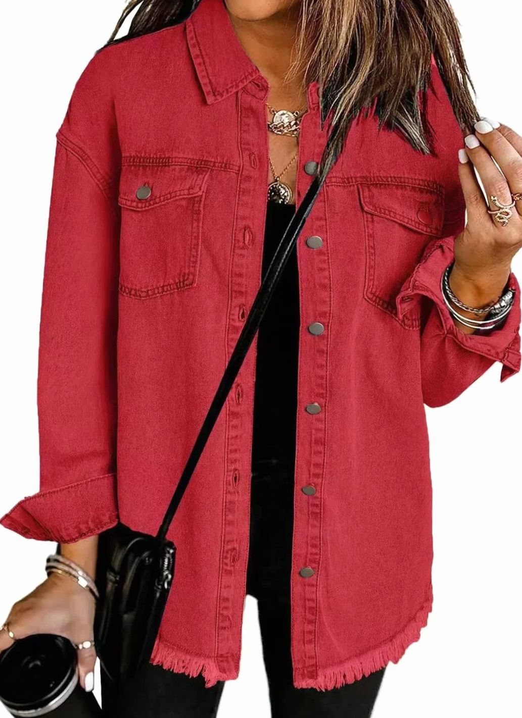 Women's Oversized Raw-Hem Button-Up Denim Jacket - Red
