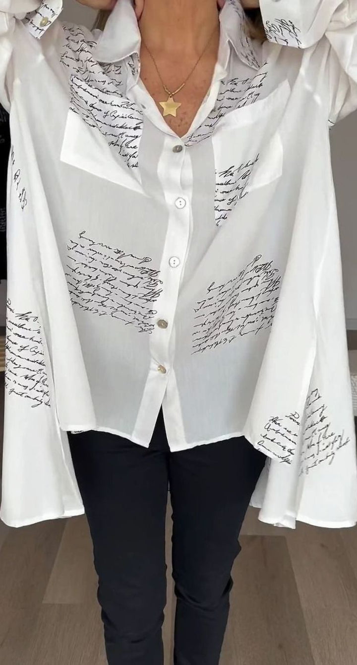 Women's Oversized Script-Print Button-Up Long-Sleeve Shirt