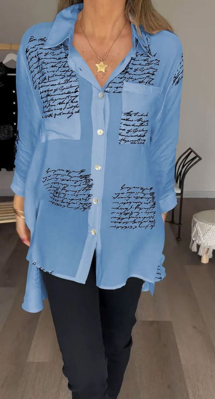 Women's Oversized Script-Print Button-Up Long-Sleeve Shirt - Blue