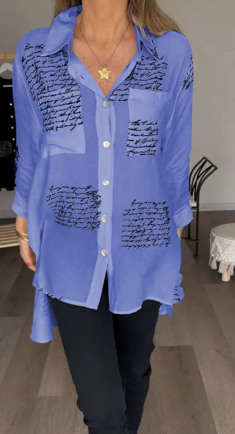Women's Oversized Script-Print Button-Up Long-Sleeve Shirt - Purple