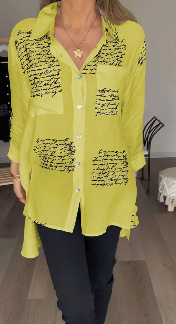 Women's Oversized Script-Print Button-Up Long-Sleeve Shirt - Yellow