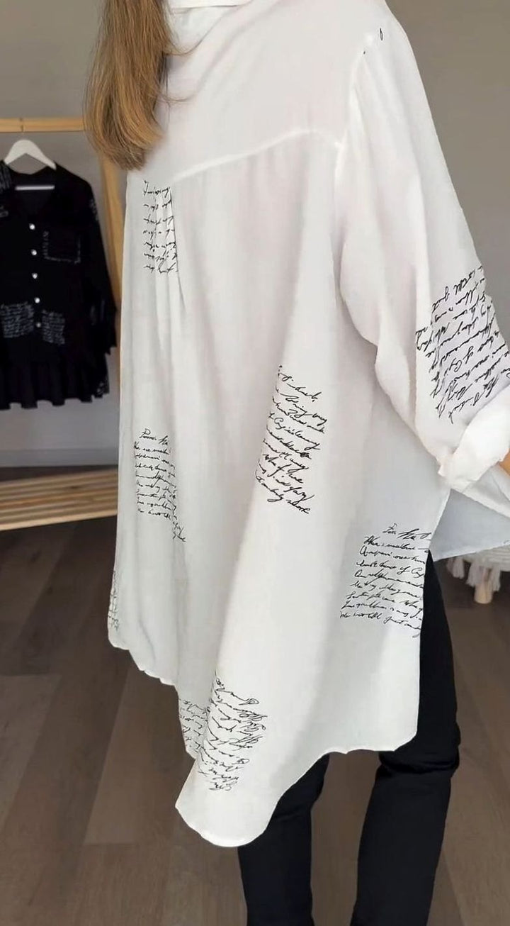 Women's Oversized Script-Print Button-Up Long-Sleeve Shirt