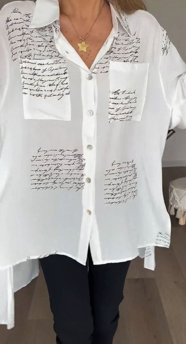 Women's Oversized Script-Print Button-Up Long-Sleeve Shirt