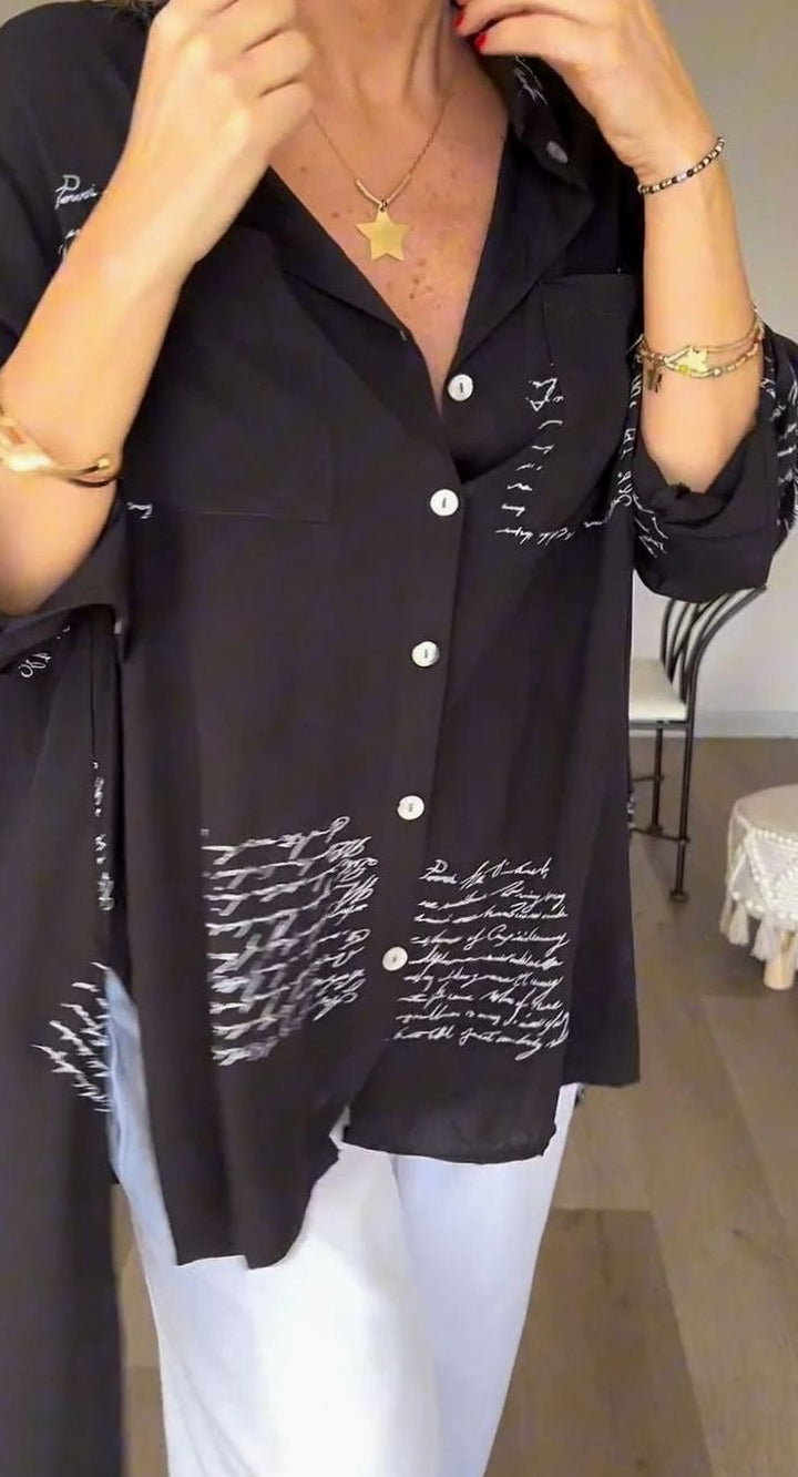Women's Oversized Script-Print Button-Up Long-Sleeve Shirt