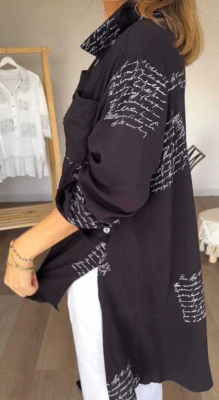 Women's Oversized Script-Print Button-Up Long-Sleeve Shirt