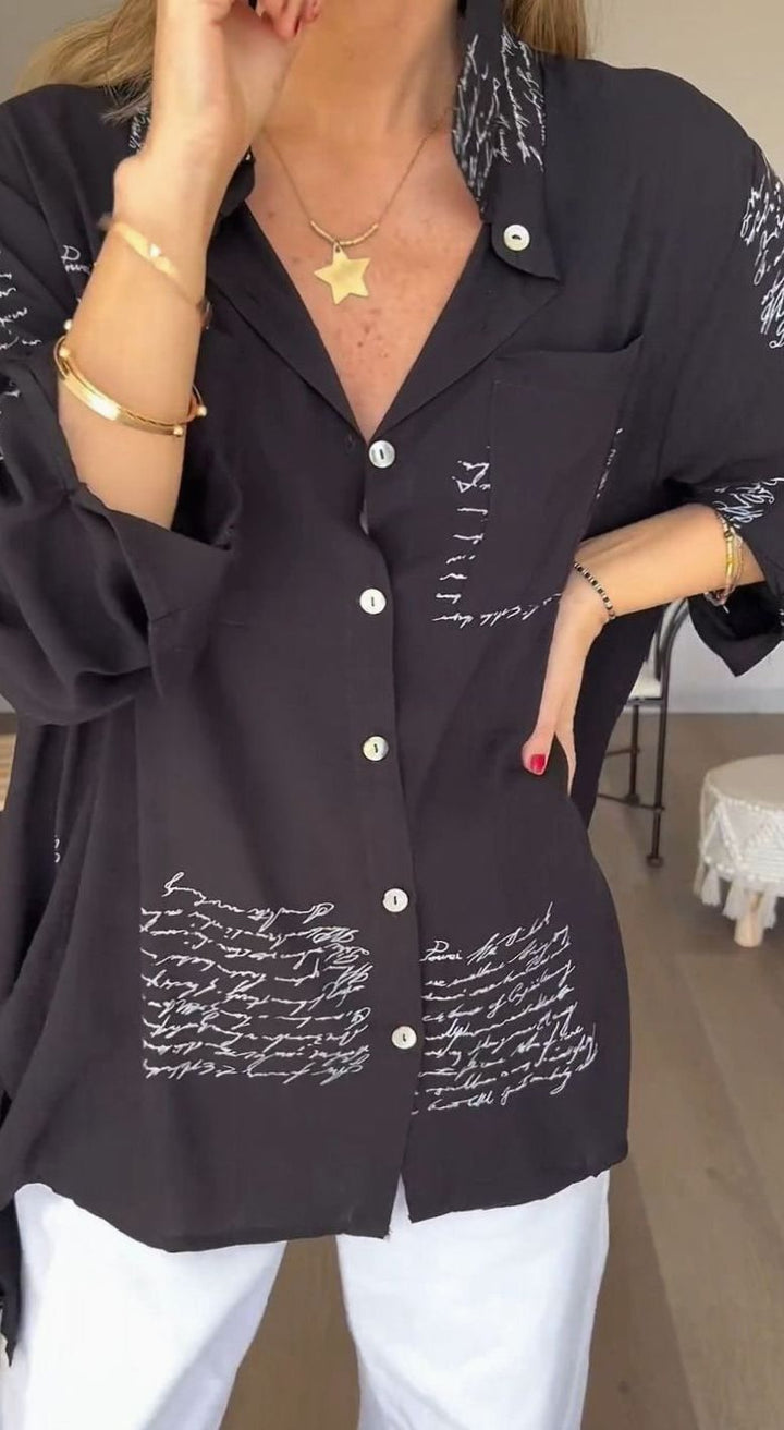 Women's Oversized Script-Print Button-Up Long-Sleeve Shirt - Black