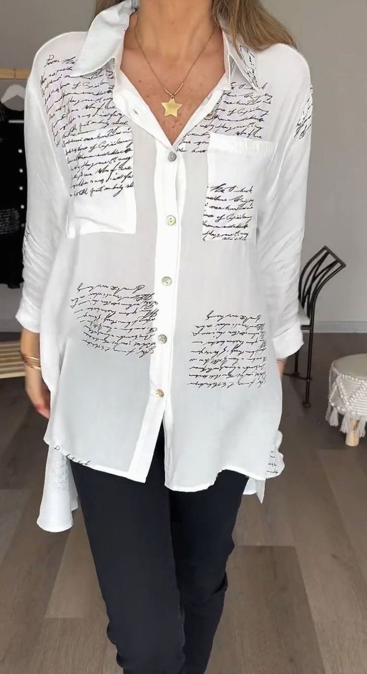 Women's Oversized Script-Print Button-Up Long-Sleeve Shirt - White