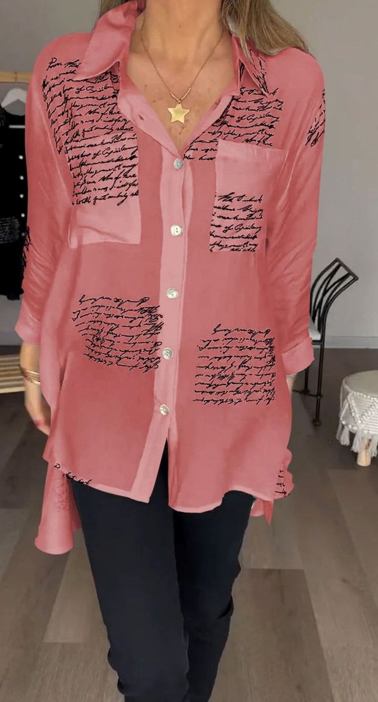 Women's Oversized Script-Print Button-Up Long-Sleeve Shirt - Red