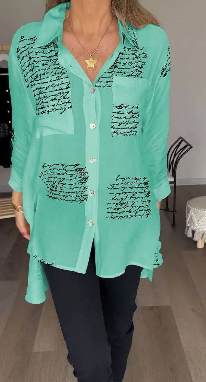 Women's Oversized Script-Print Button-Up Long-Sleeve Shirt - Green