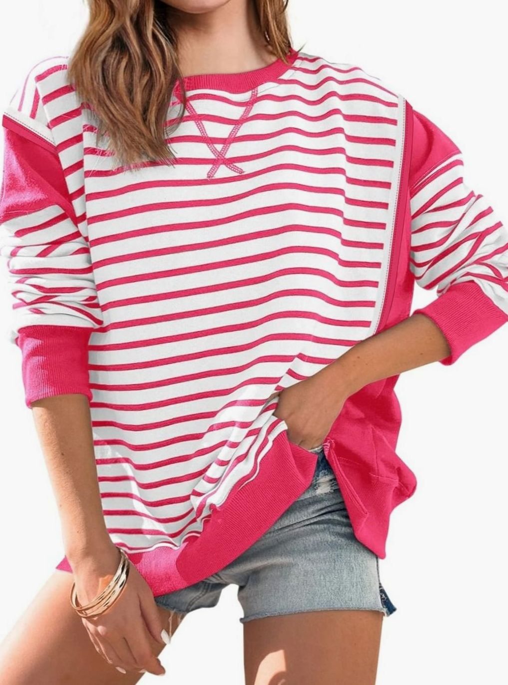 Women's Oversized Striped Colour-Block Crew-Neck Sweatshirt - Pink
