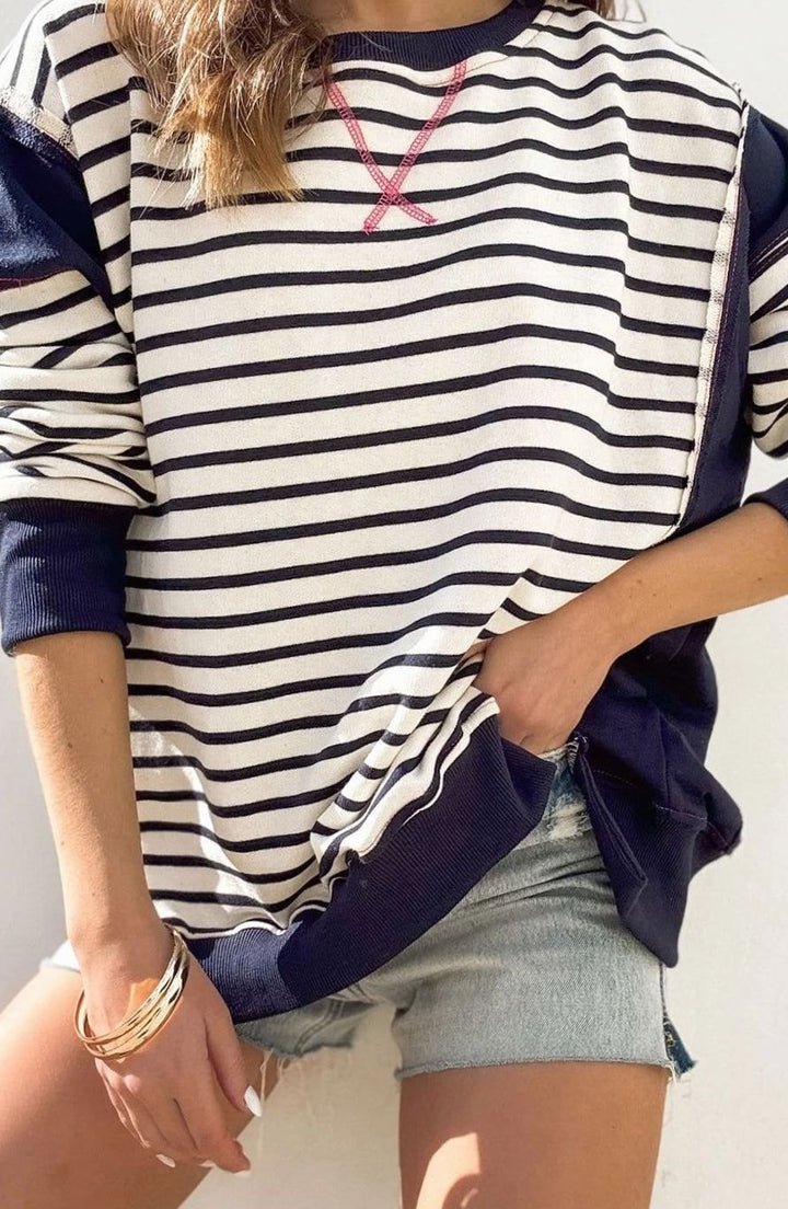 Women's Oversized Striped Colour-Block Crew-Neck Sweatshirt - Navy Blue