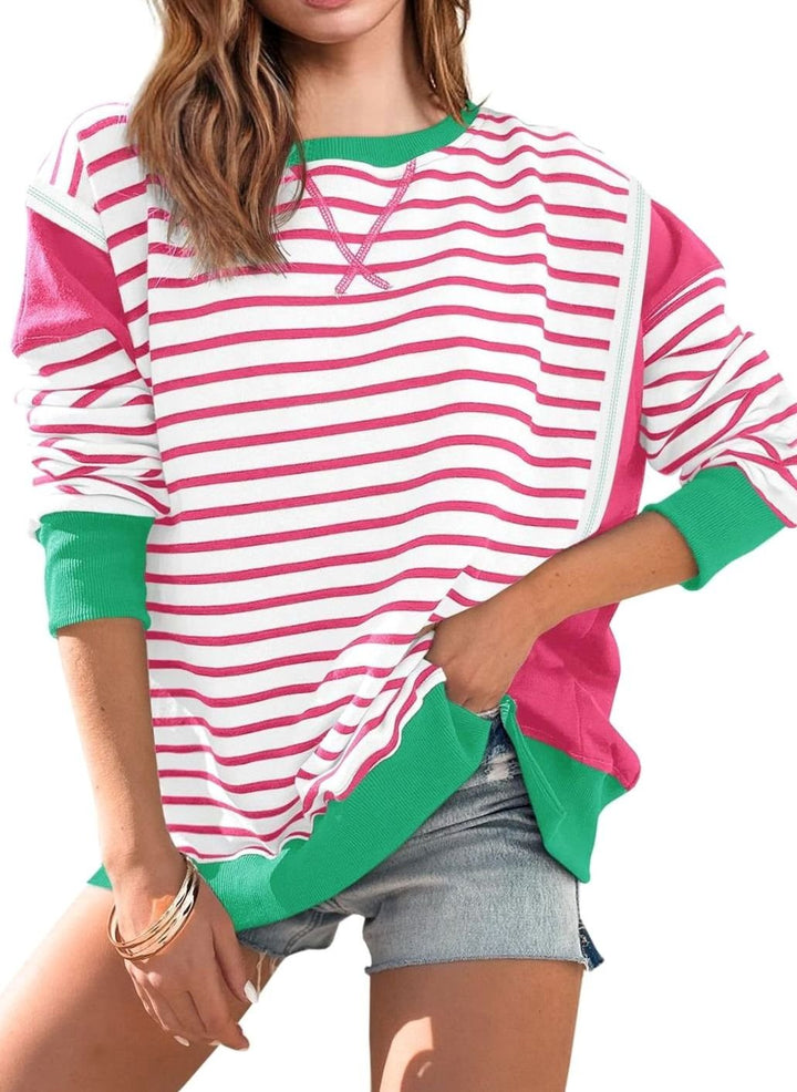 Women's Oversized Striped Colour-Block Crew-Neck Sweatshirt