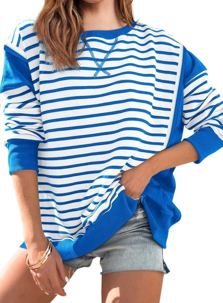 Women's Oversized Striped Colour-Block Crew-Neck Sweatshirt