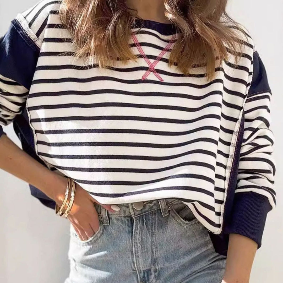 Women's Oversized Striped Colour-Block Crew-Neck Sweatshirt