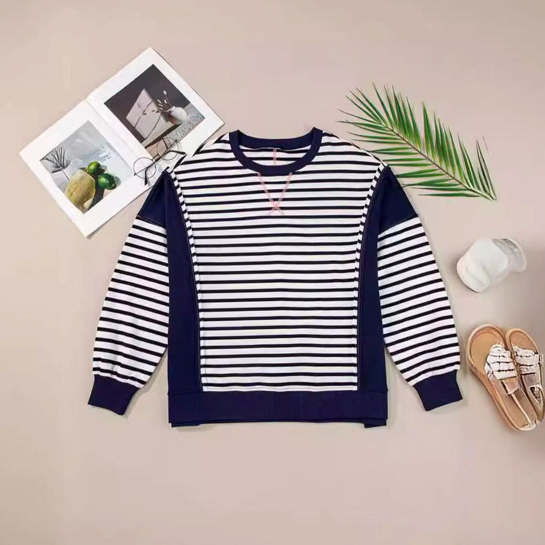 Women's Oversized Striped Colour-Block Crew-Neck Sweatshirt