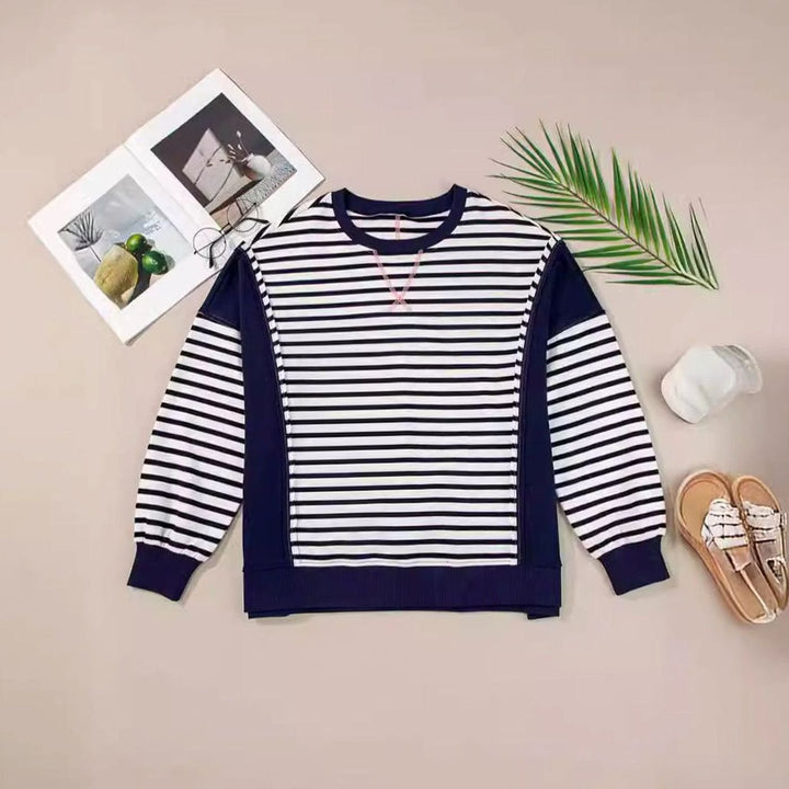 Women's Oversized Striped Colour-Block Crew-Neck Sweatshirt