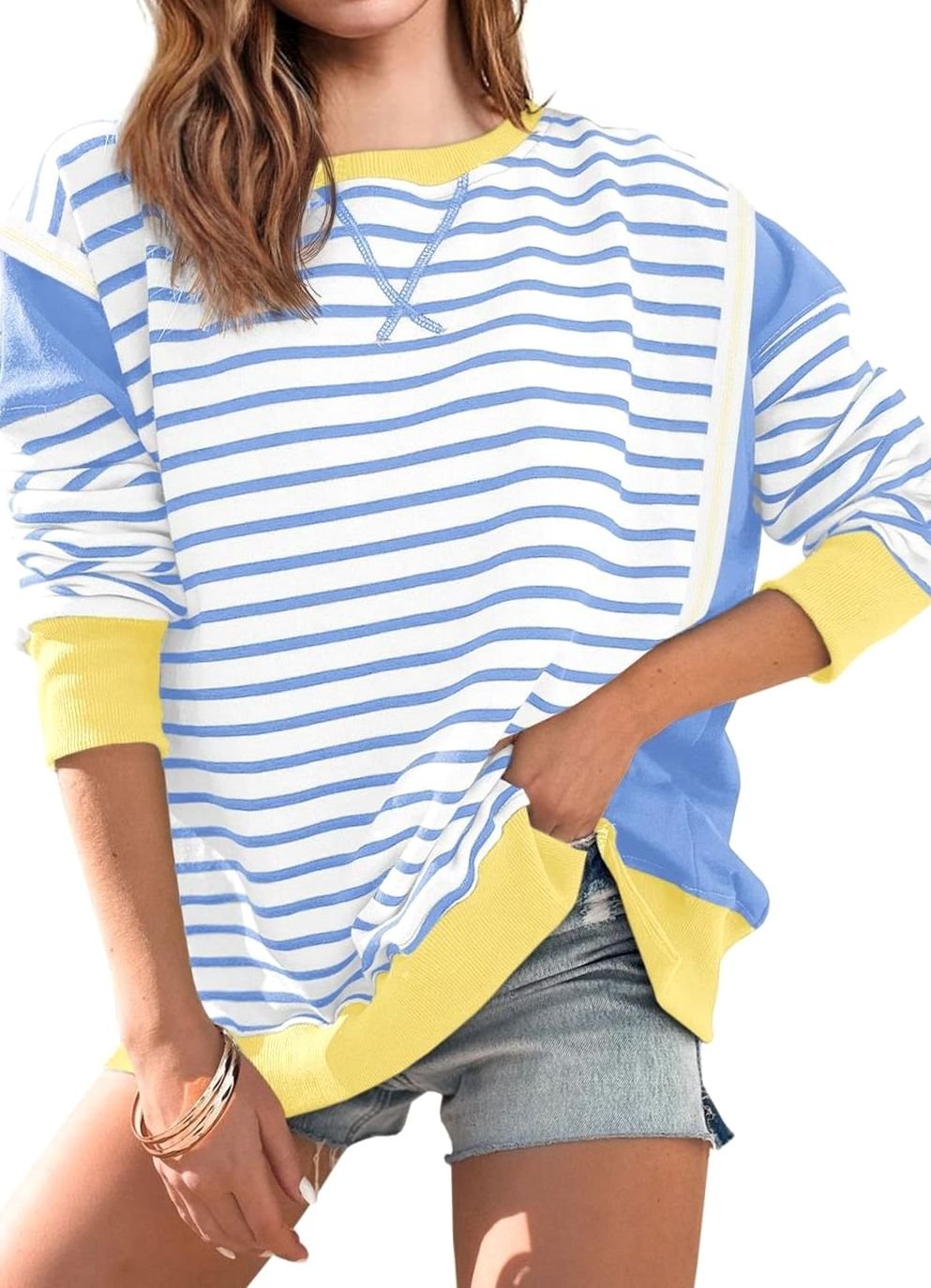 Women's Oversized Striped Colour-Block Crew-Neck Sweatshirt