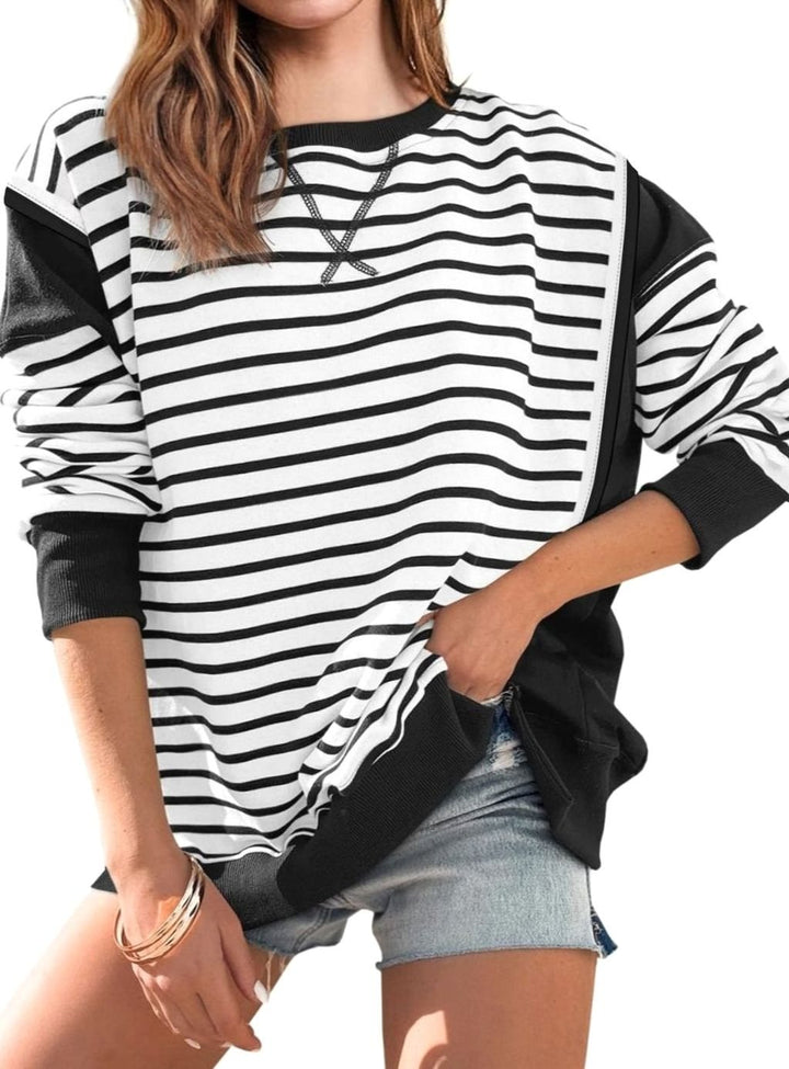Women's Oversized Striped Colour-Block Crew-Neck Sweatshirt - Black