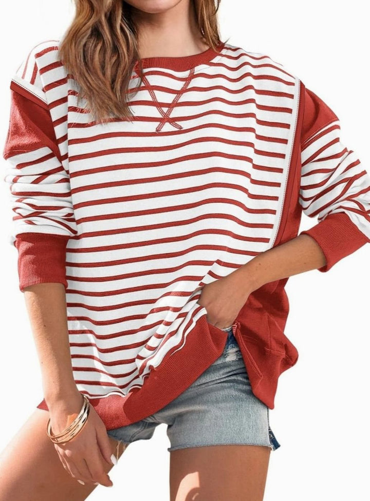 Women's Oversized Striped Colour-Block Crew-Neck Sweatshirt