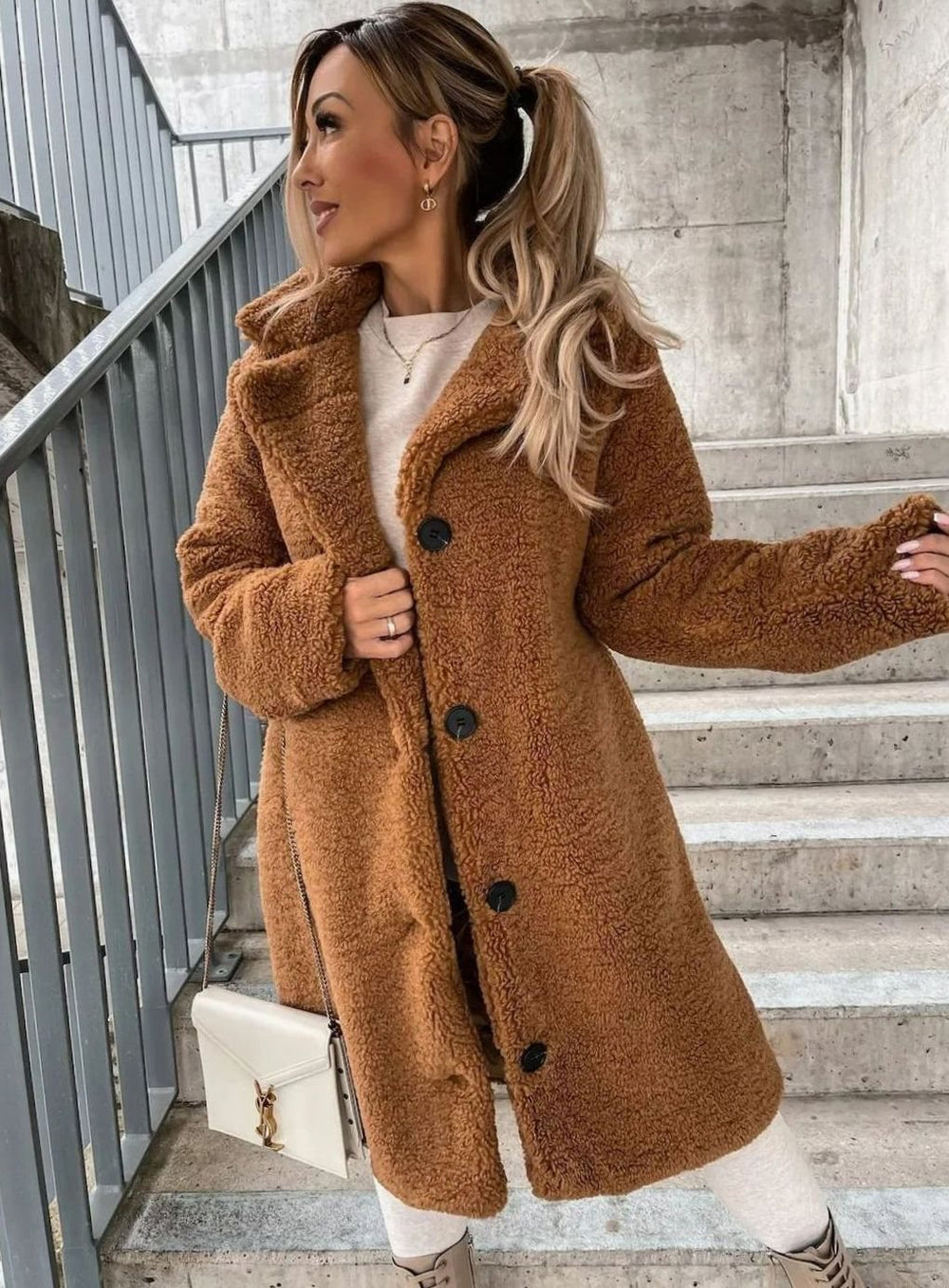 Women's Oversized Teddy Fleece Button-Front Long Coat