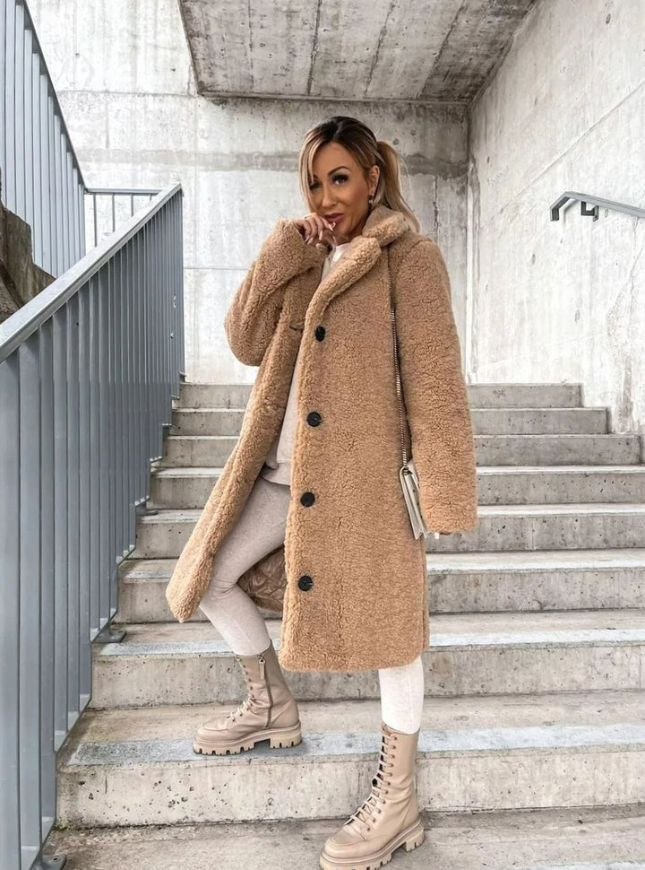 Women's Oversized Teddy Fleece Button-Front Long Coat - Beige
