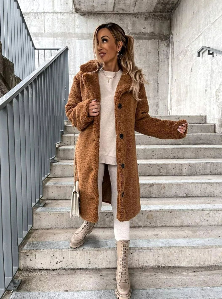 Women's Oversized Teddy Fleece Button-Front Long Coat - Brown