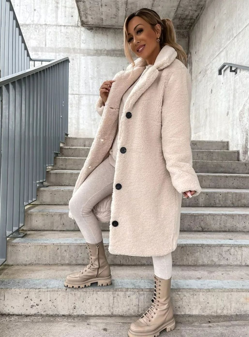 Women's Oversized Teddy Fleece Button-Front Long Coat - Cream