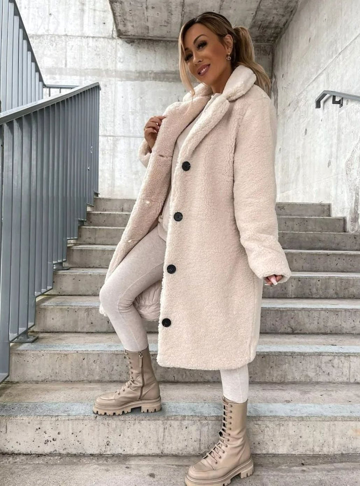 Women's Oversized Teddy Fleece Button-Front Long Coat - Cream