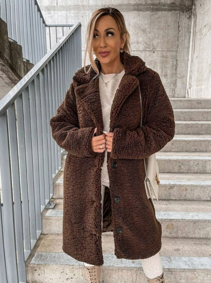 Women's Oversized Teddy Fleece Button-Front Long Coat - Light Brown