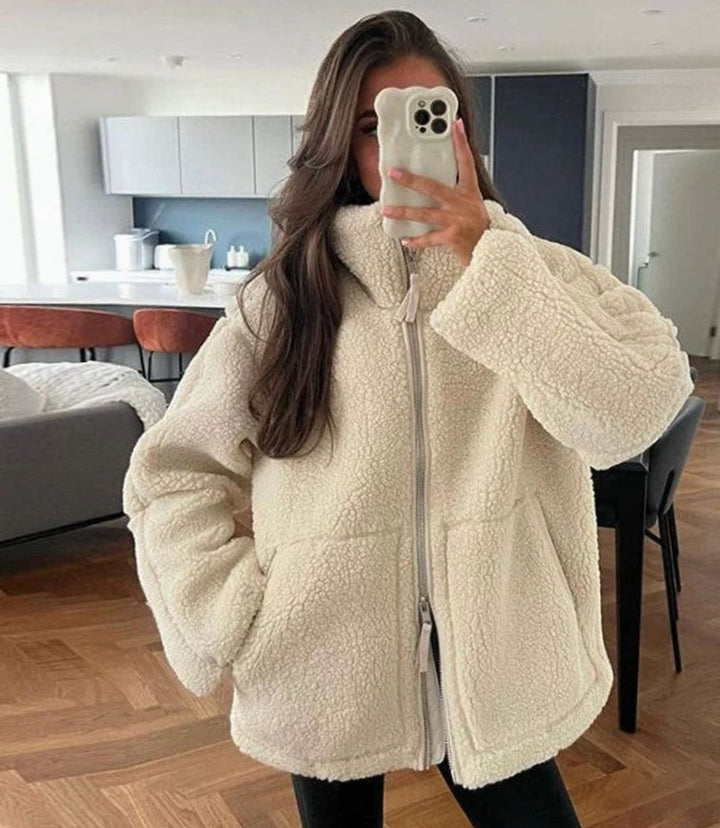 Women's Oversized Teddy Fleece Zip-Up Jacket - Beige