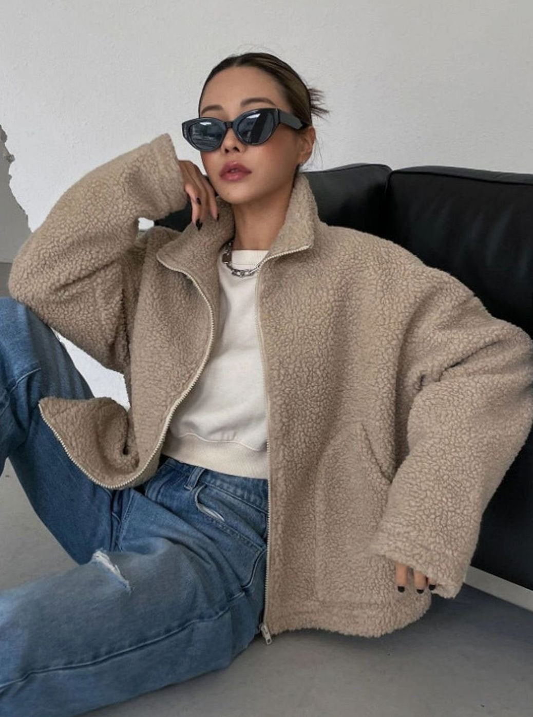Women's Oversized Teddy Fleece Zip-Up Jacket