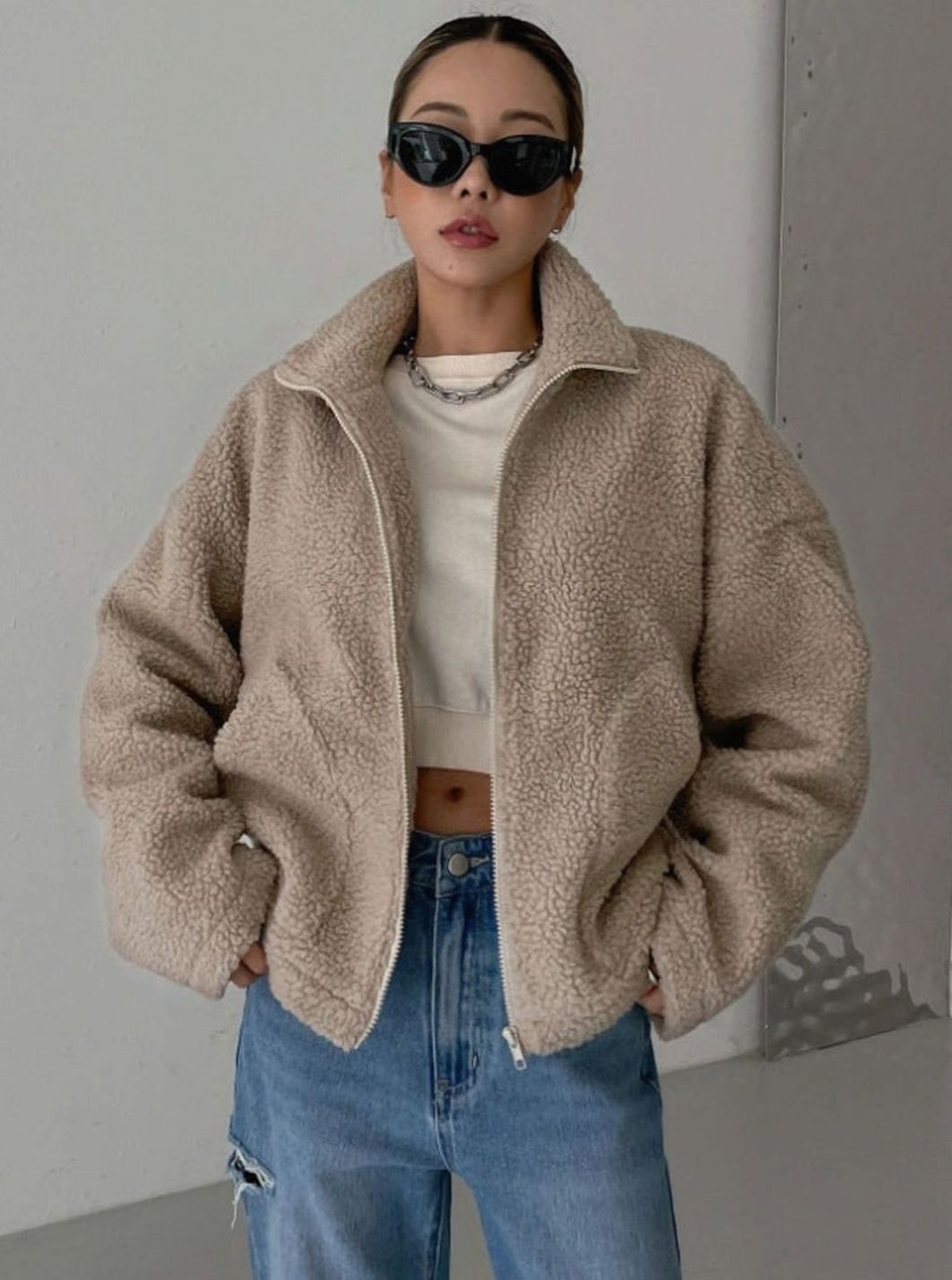 Women's Oversized Teddy Fleece Zip-Up Jacket - Brown