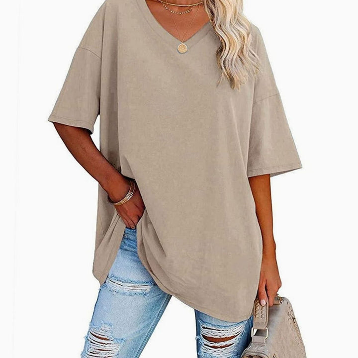 Women's Oversized V-Neck Half-Sleeve Casual T-Shirt - Beige