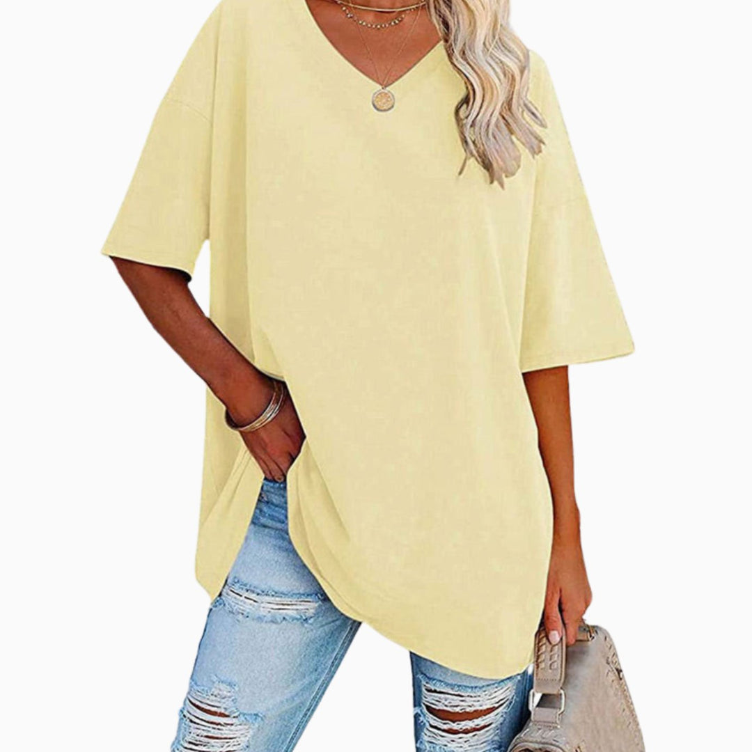 Women's Oversized V-Neck Half-Sleeve Casual T-Shirt - Light Yellow