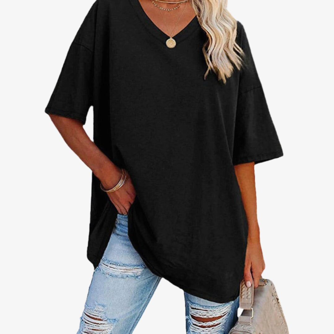 Women's Oversized V-Neck Half-Sleeve Casual T-Shirt - Black
