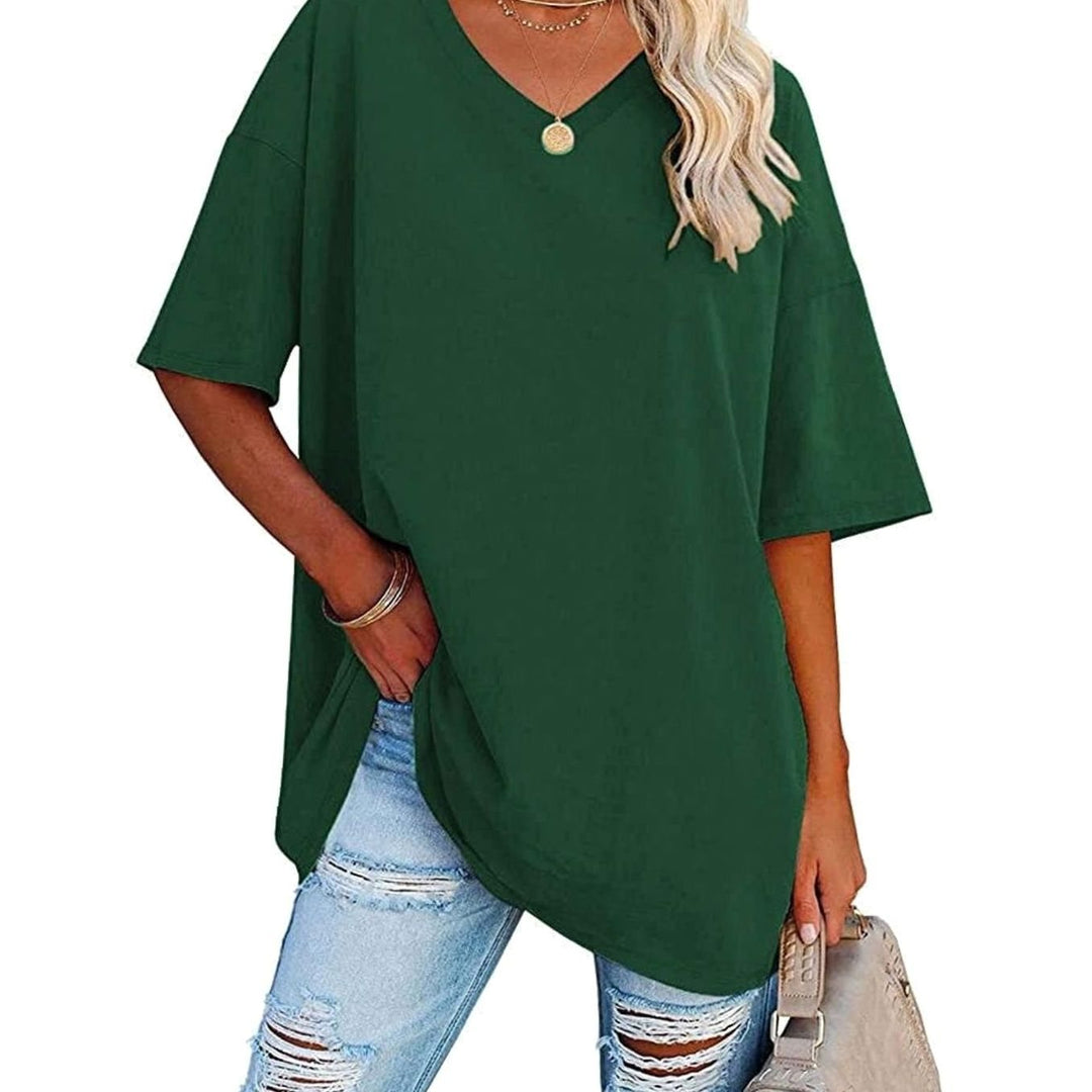 Women's Oversized V-Neck Half-Sleeve Casual T-Shirt - Green